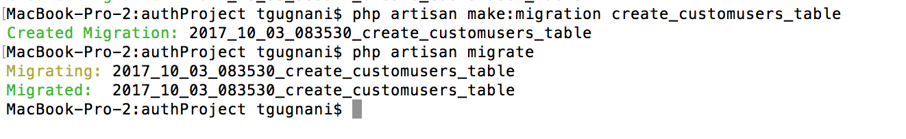 php artisan migrate customuser table 