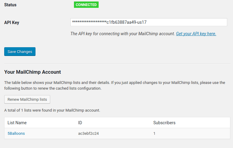 Mialchimp account connected plugin