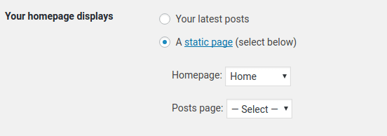 wordpress default homepage settign
