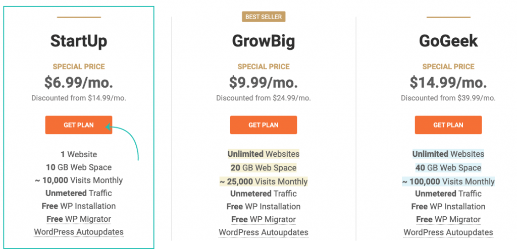 SiteGround choose plan for hosting