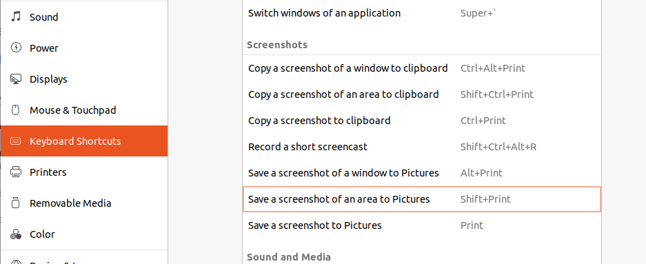 change shortcut screenshot ubuntu